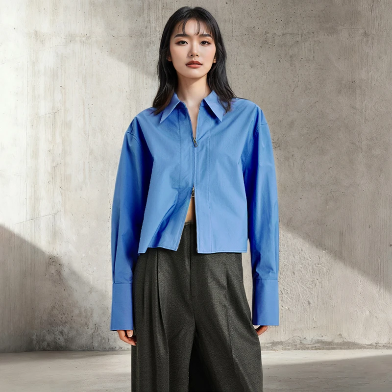 高级感克莱因蓝色短款衬衫女长袖宽松显瘦设计感双拉链上衣外套女
