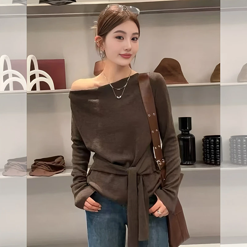 咖色绑带收腰长袖针织衫女士上衣早秋韩系氛围感穿搭打底毛衣薄款