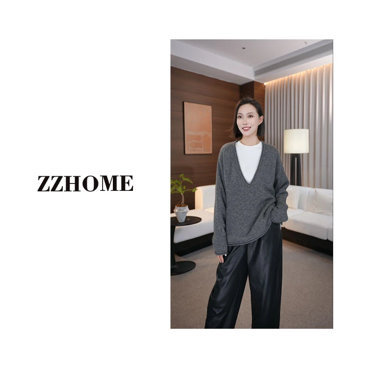 【ZOZOHOME】“衣橱”系列混纺深v老钱风纯色宽松针织上衣q170209p
