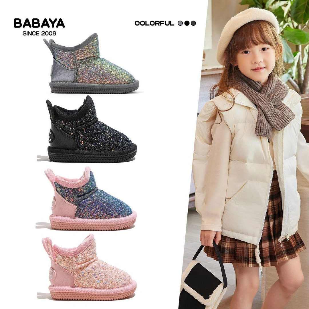 芭芭鸭儿童雪地靴可爱女童棉鞋2025冬季新款加绒宝宝棉靴男童短靴