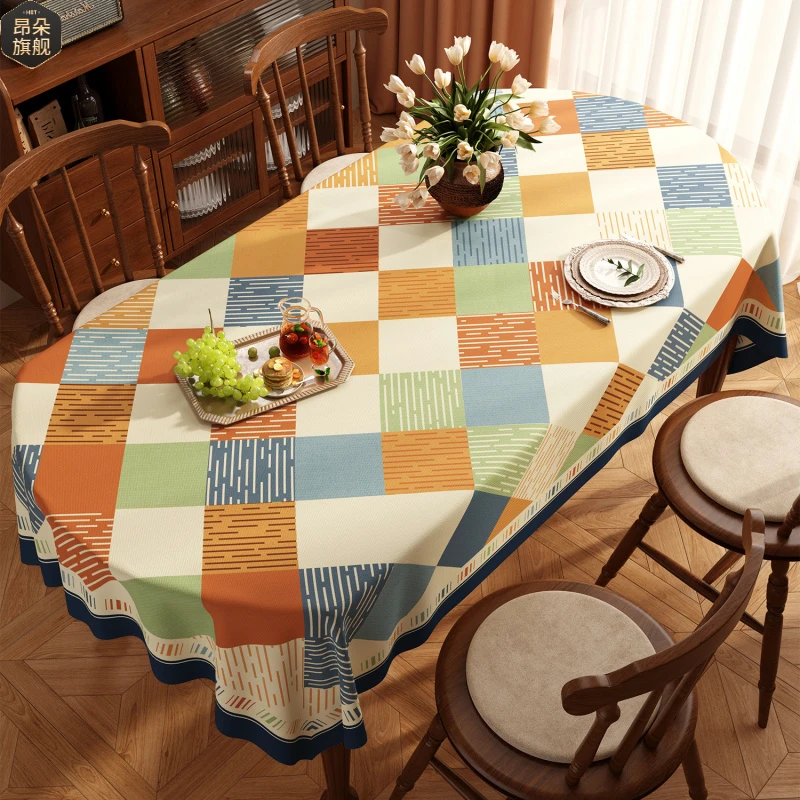 美式椭圆形桌布防水防污免洗2025年新款轻奢高级感复古格子餐桌布