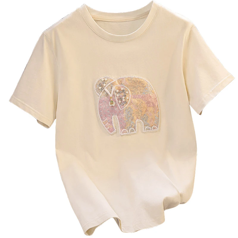 丝柏舍2025夏季新款女装时尚休闲正肩钉珠圆领短袖T恤S52B1936T