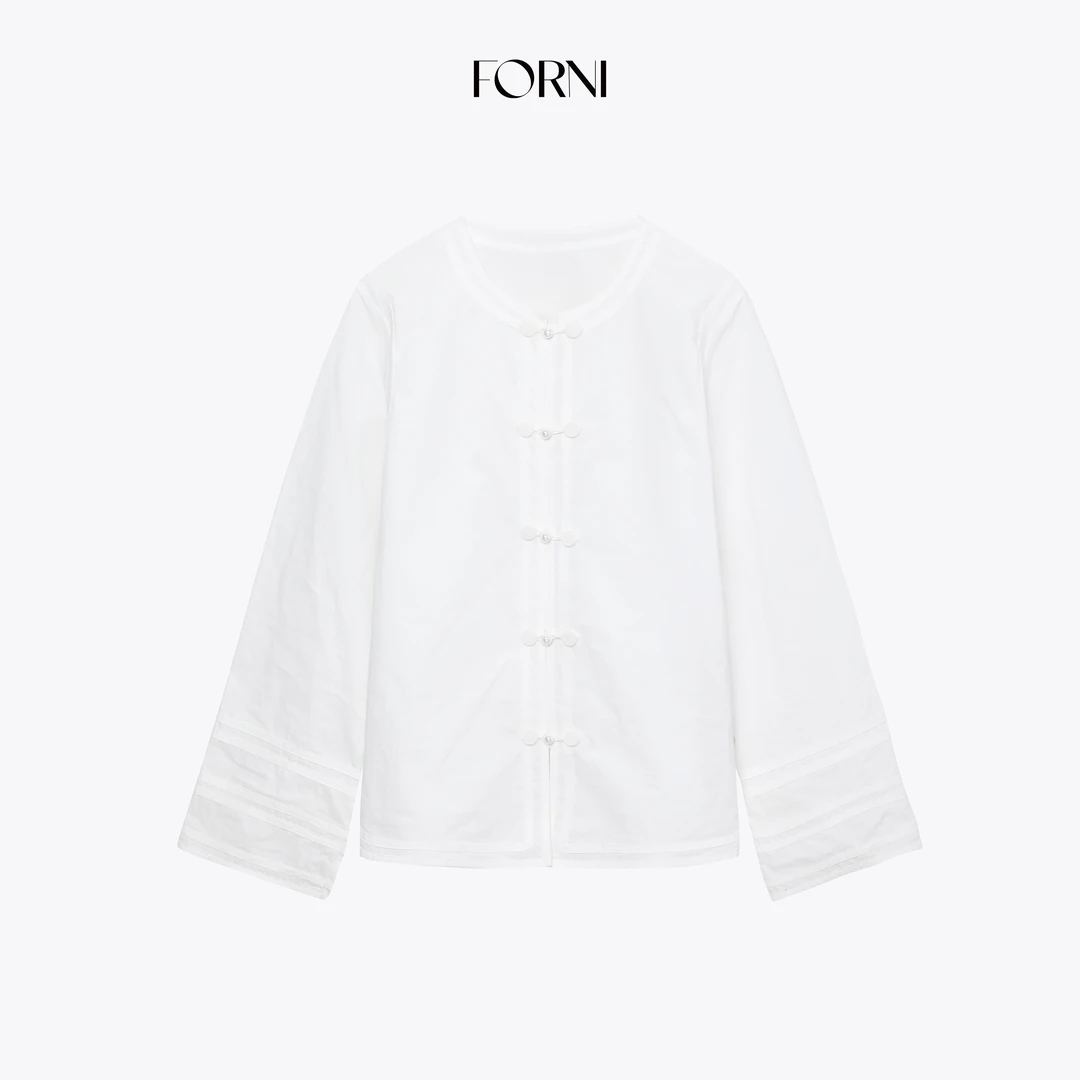 FORNI 花间令 秋冬新中式对襟盘扣衬衫100棉国风打条纯色上衣女