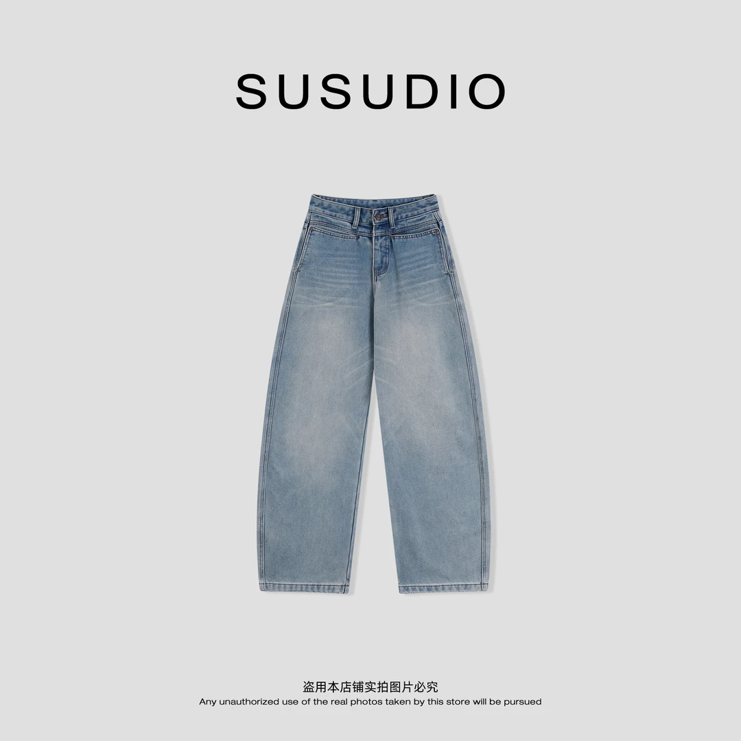 SUSUDIO 冬季休闲水洗纹路柔软特色腰头弯刀磨毛绒牛仔裤 40705