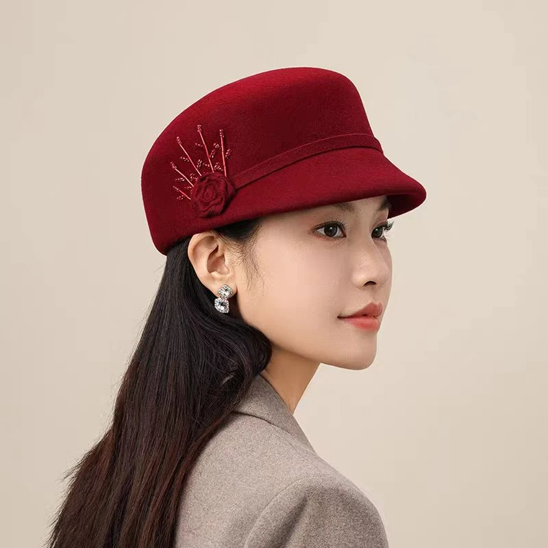 纯羊毛帽子女2025秋冬季新款骑士帽玫瑰花短檐马术帽复古毛呢礼帽