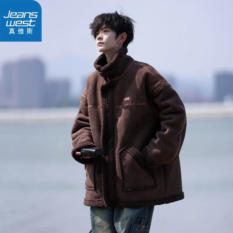 真维斯皮毛一体外套男款冬季加绒加厚东北防寒大棉袄美式复古棉衣