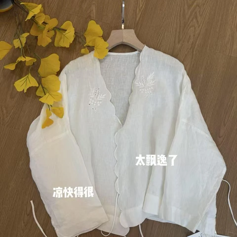 S9089【白月光】  重工镂空立体刺绣衬衫女系带设计感小众开衫上衣