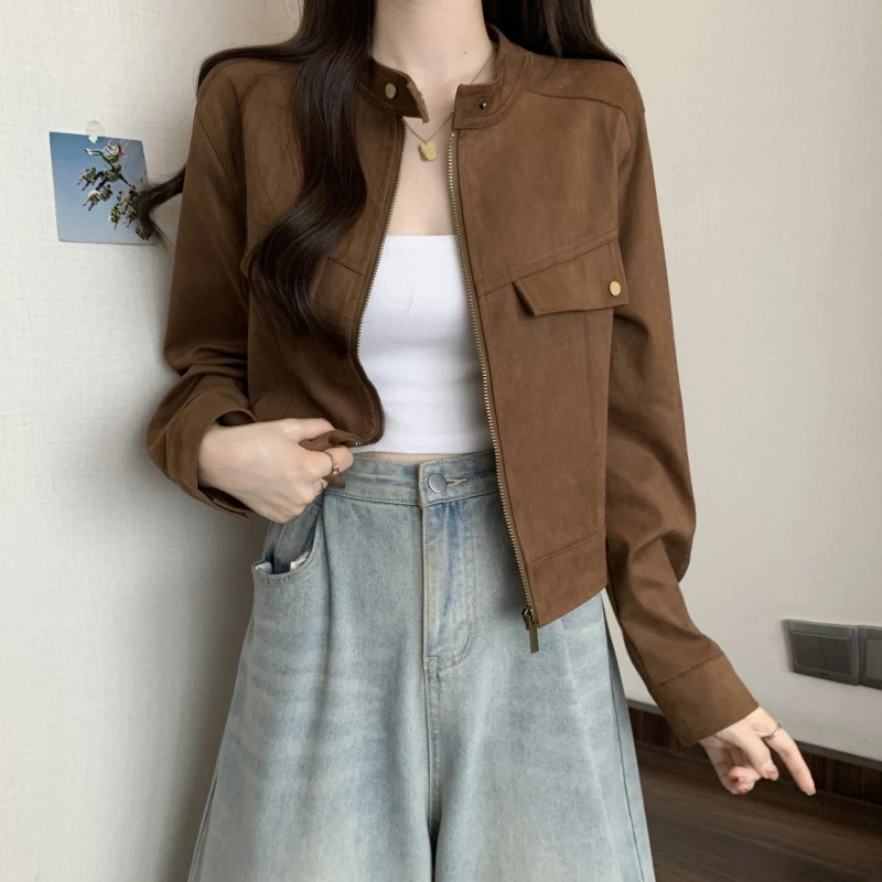 美式鹿皮绒设计感短款夹克外套女秋冬季新款宽松显瘦薄款百搭上衣