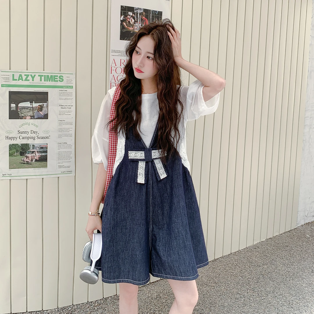 超好看俏皮蝴蝶结牛仔背带裤套装女2025夏季新款小个子内搭两件套