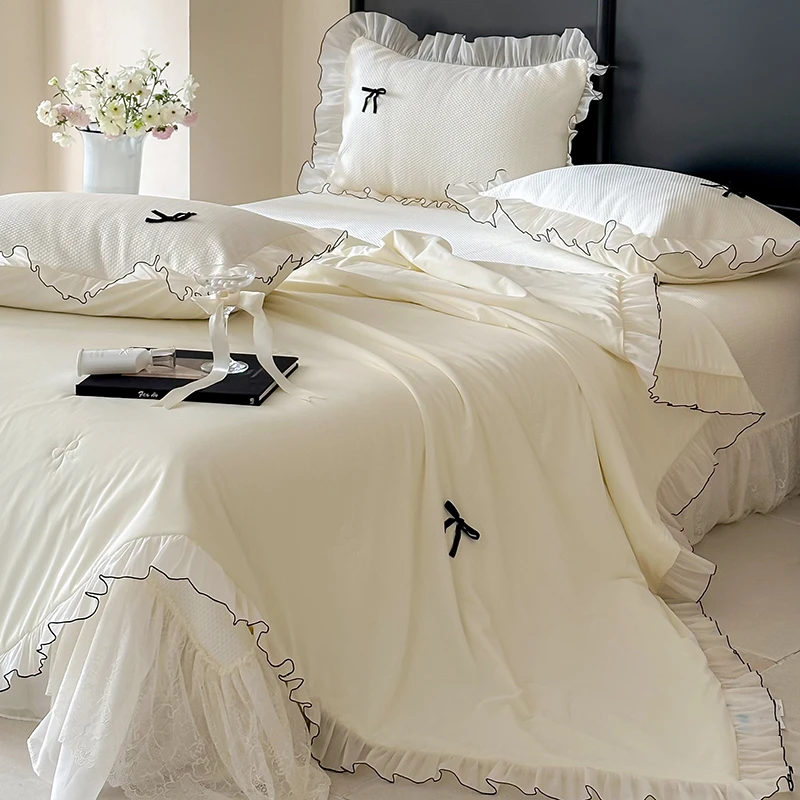 法式夏季白色冰丝凉感凉席夏凉被三四件套蕾丝花边蝴蝶结空调被子