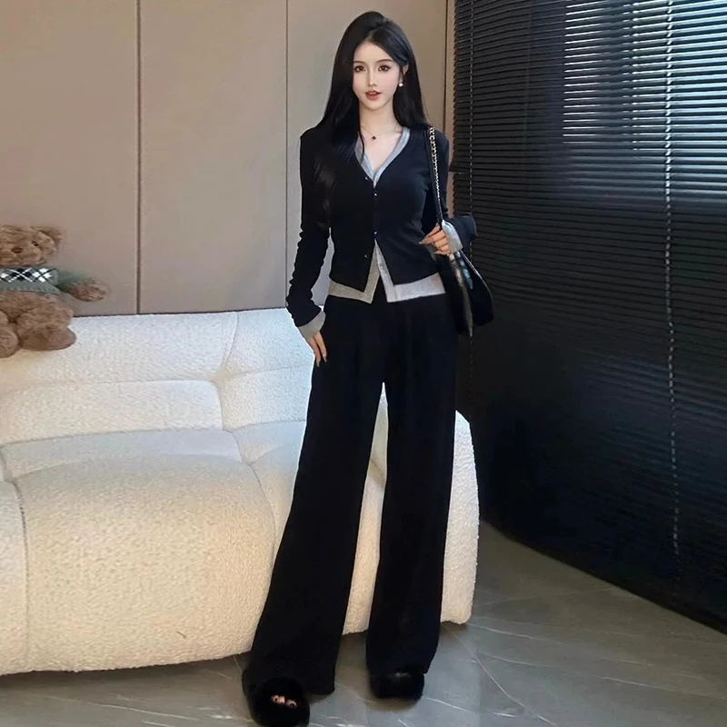 小个子时尚春秋季套装女2025年新款开衫显瘦V领上衣阔腿裤两件套