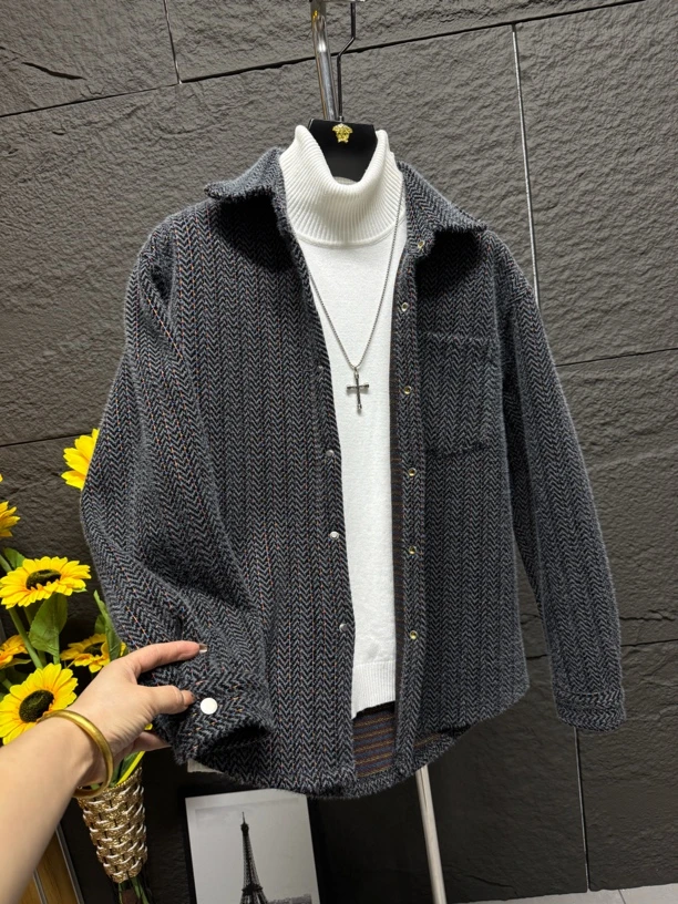 开衫宽松型男士潮流青春流行渐变色男装秋冬季外套短款衫毛呢3699