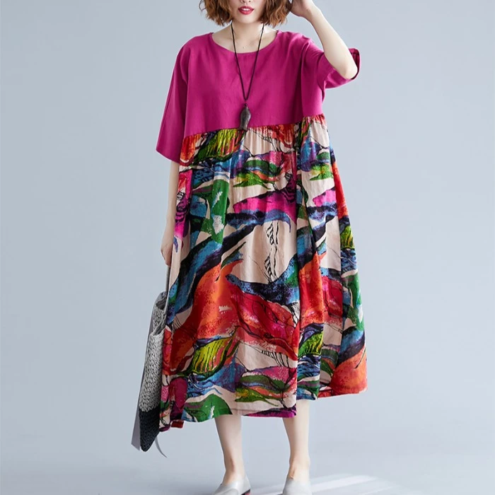 民族风文艺大码复古减龄设计感时尚拼接大摆裙加肥宽松藏肉连衣裙