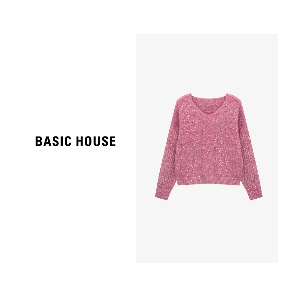 Basic House/百家好新款套头圆领亮纱亲肤显瘦毛衣-B0625B5NEC2