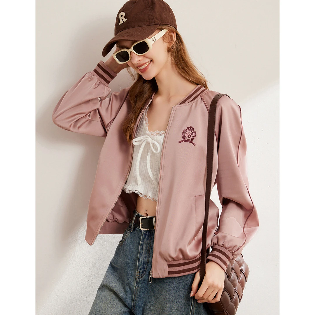 【商场同款新品】白鹿语棒球服式上衣春秋插肩绣花螺纹外套WBY20142