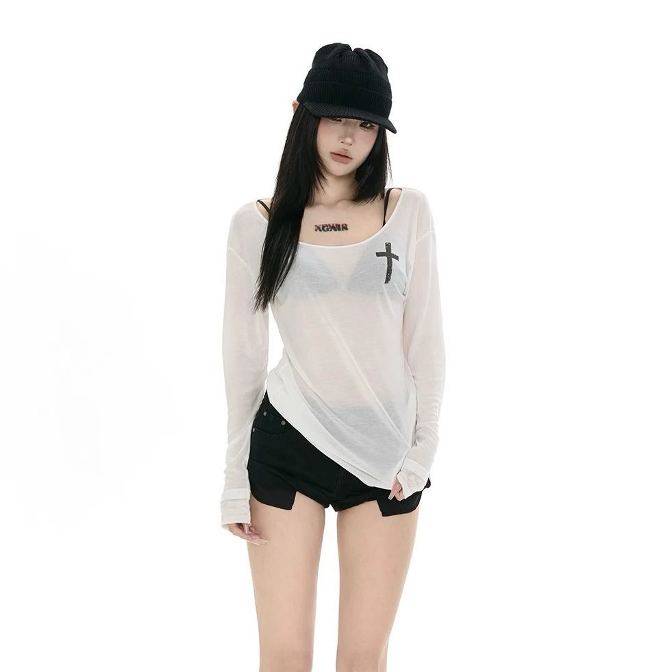女团十字架印花薄款网纱防晒罩衫微透上衣女圆领宽松百搭长袖t恤