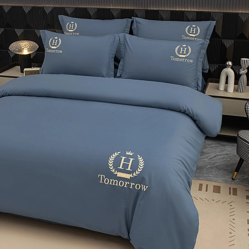 富安柏高端简约100%纯棉被套床单纯色全棉床上用品四件套单人轻奢