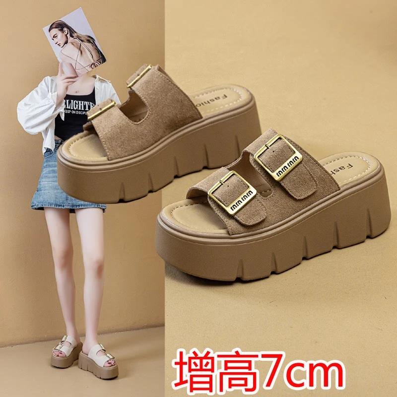 万达撤柜香港真皮凉拖鞋女2025沙滩休闲勃肯凉拖鞋增高7cm小个子.