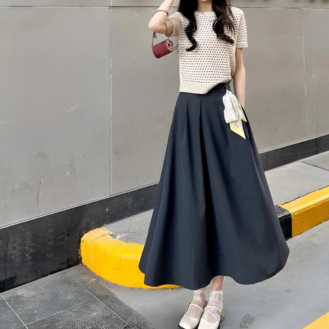 哥弟新款新中式复古气质百搭高腰显瘦百褶中长款半身裙1200366