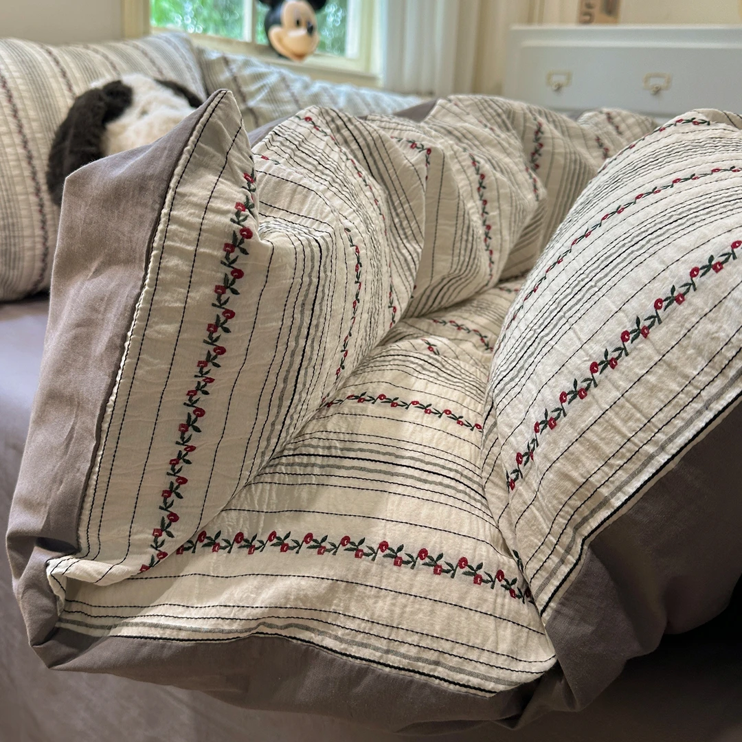 ins田园纯棉水洗棉提花四件套全棉被套床单人床笠床上用品三件套4