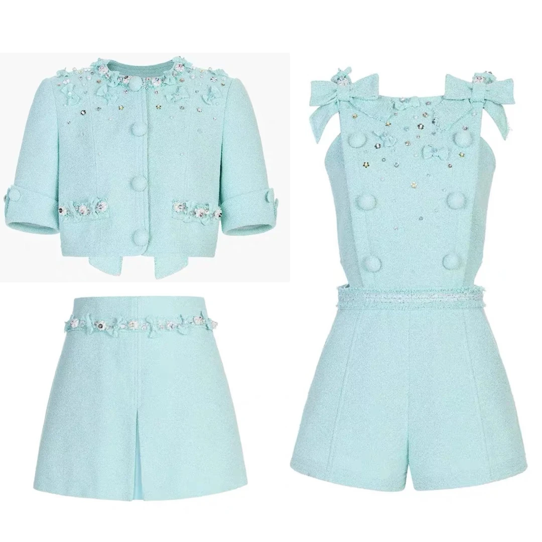 《no退no换默认微瑕》小清店绿色小香短袖上衣半裙连体裤