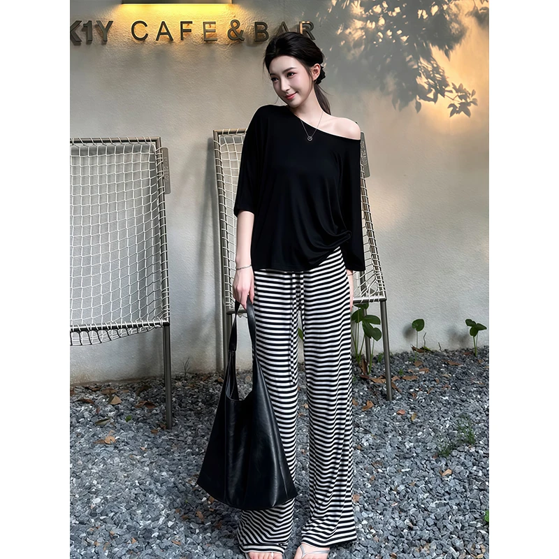 纯欲风斜领蝙蝠袖长袖上衣女秋季新款高腰宽松阔腿拖地长裤子套装