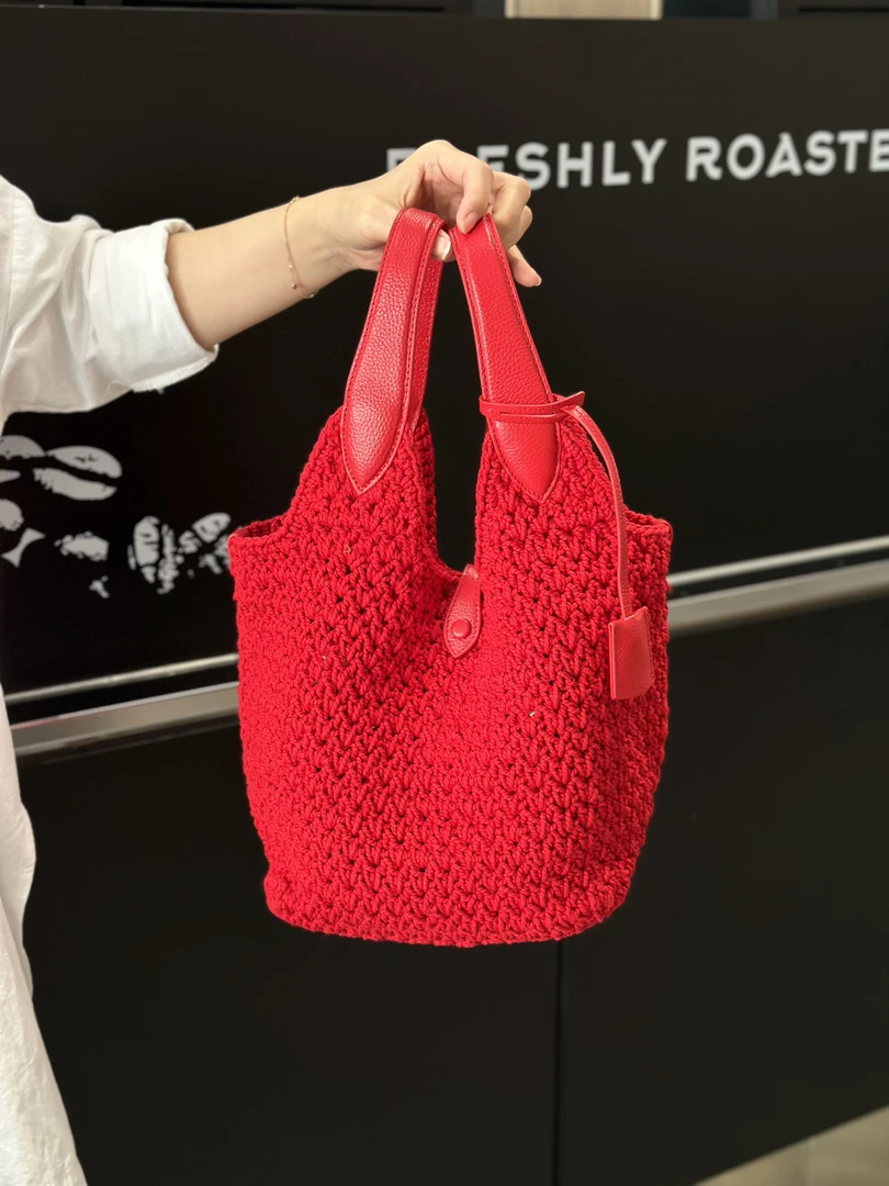 夏季新款手工编织手提菜篮子包棉线针织拼接牛皮单肩斜挎包