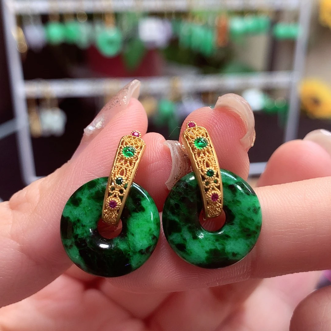 翡翠耳饰银S925镶嵌天然翡翠