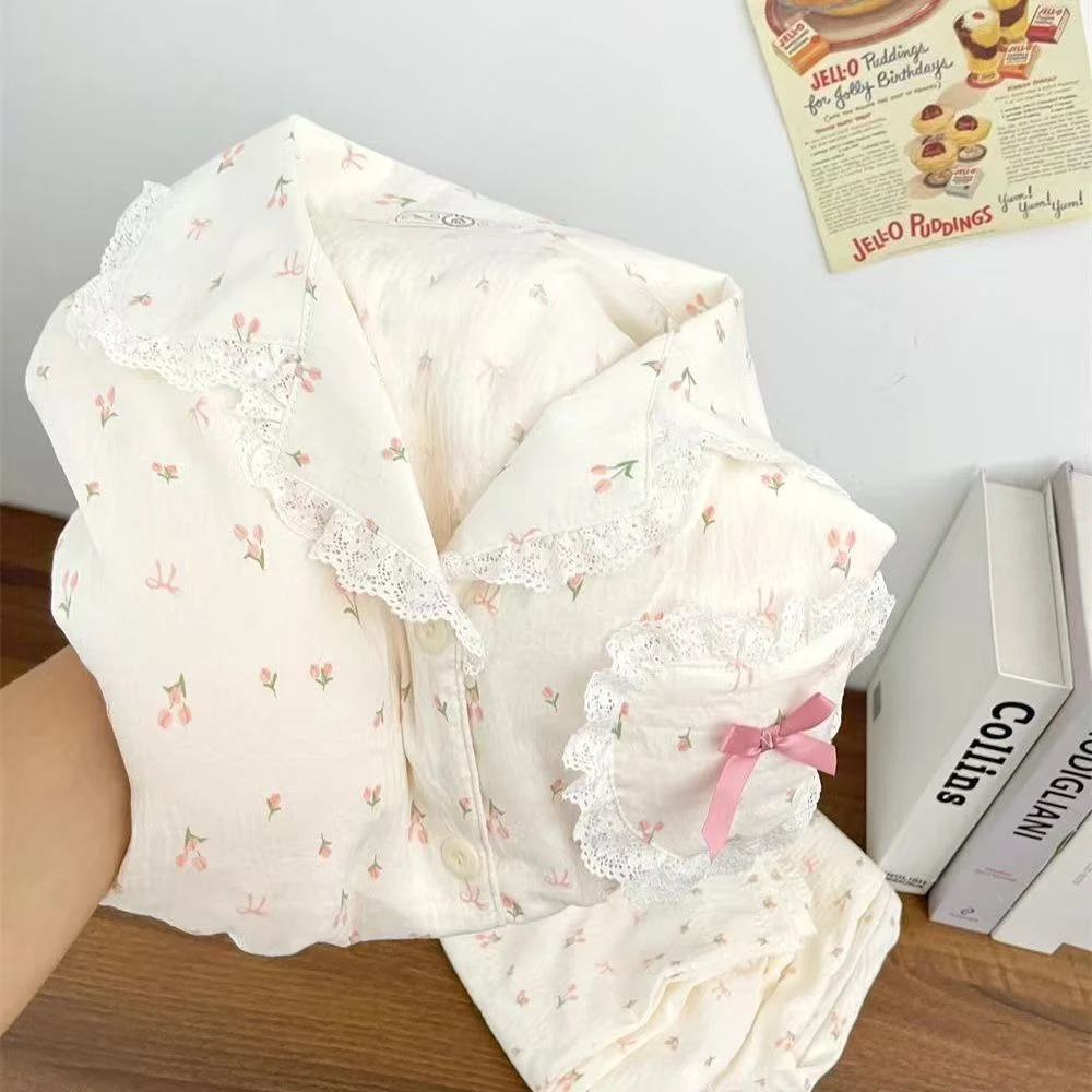 日系碎花睡衣女春秋季新款云朵棉可爱花边开衫长袖长裤家居服套装
