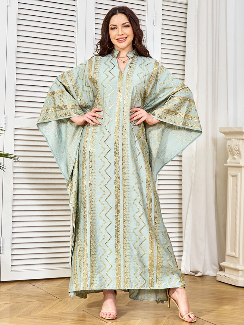 【Mrs MAIMAI】民族风重工烫钻时尚洋气优雅手缝钉珠长款连衣裙A030