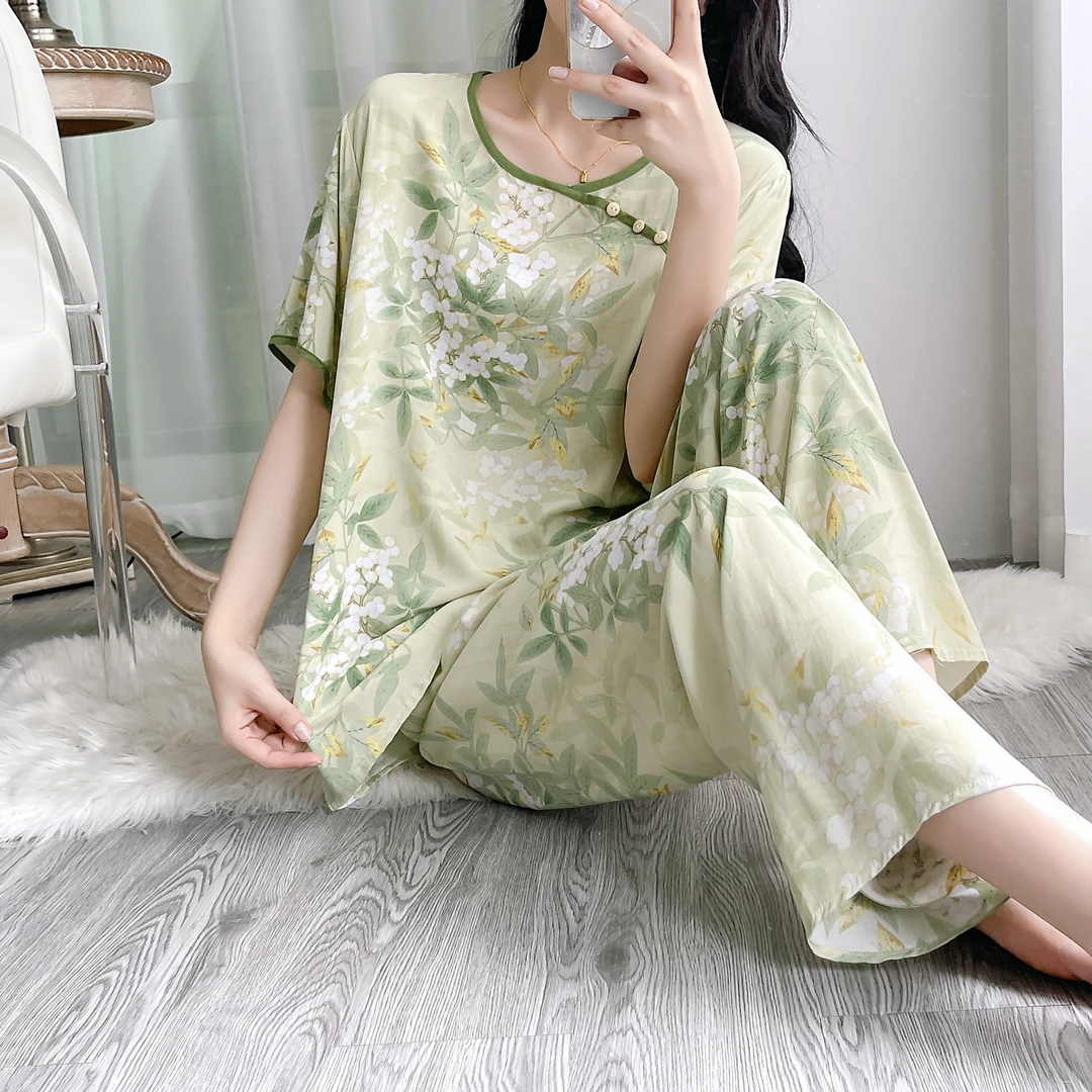 棉绸夏季短袖长裤套装人造棉绵绸薄款宽松家居服套头女睡衣时尚