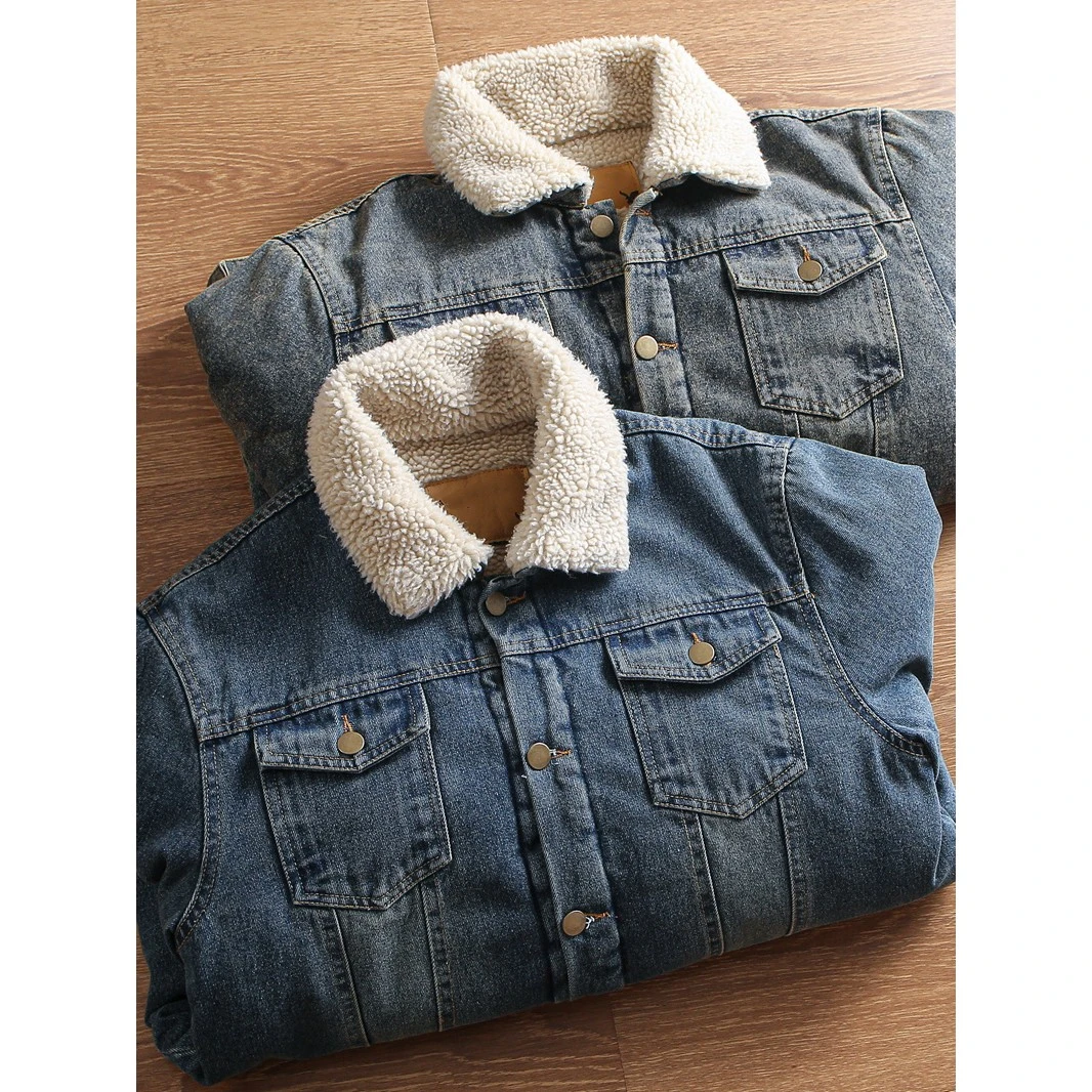 美式覆古 外贸原单剪标 冬男士彷羊羔绒加绒加厚保暖翻领牛仔夹克