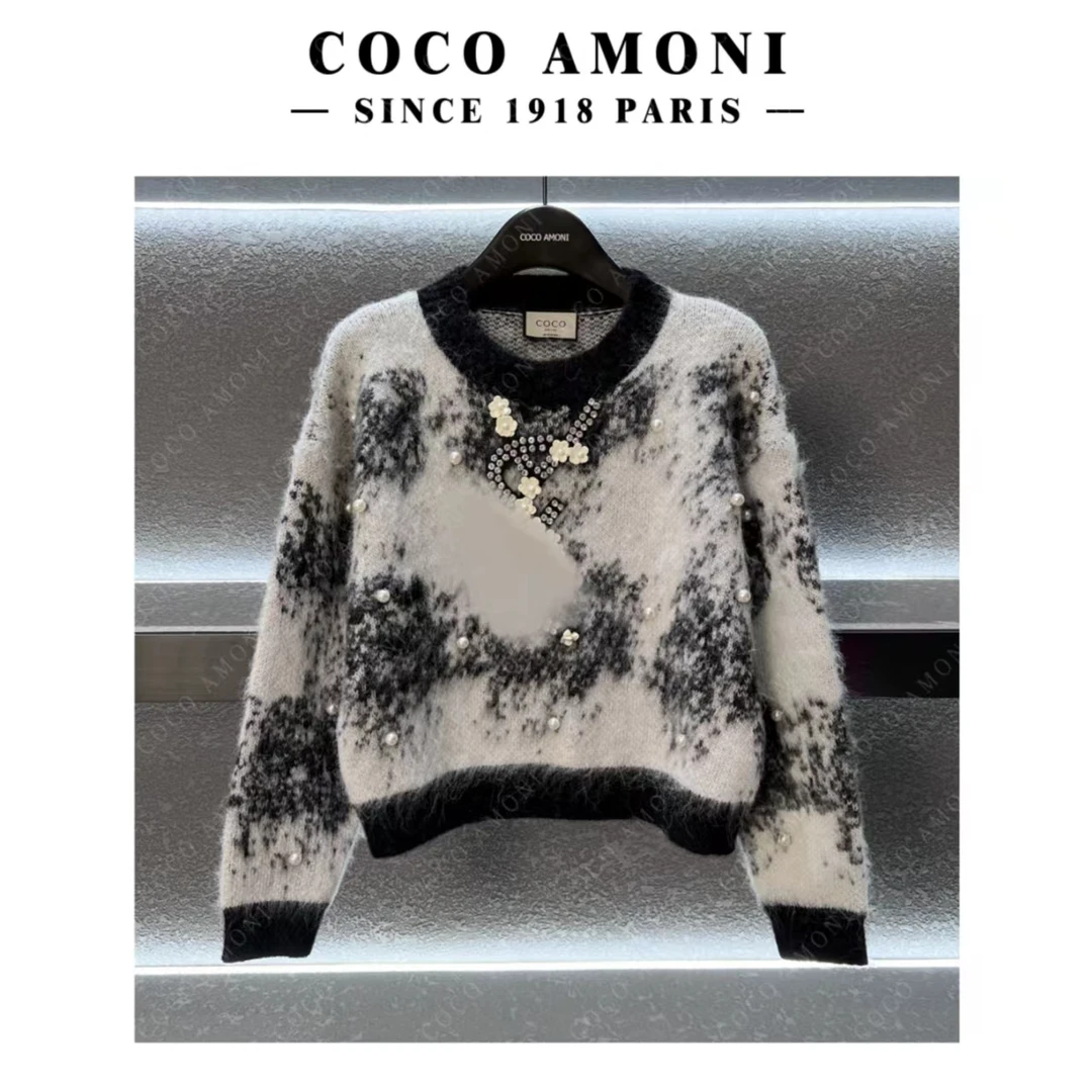 名媛小香风扎花镶钻套头针织衫设计师时尚气质休闲长袖毛衣HV048