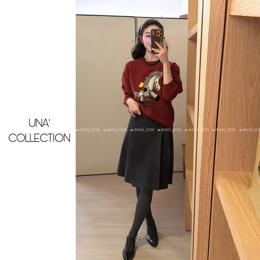 【吉满】马到福来/加厚款卡通马圆领套头宽松毛衣JM3012