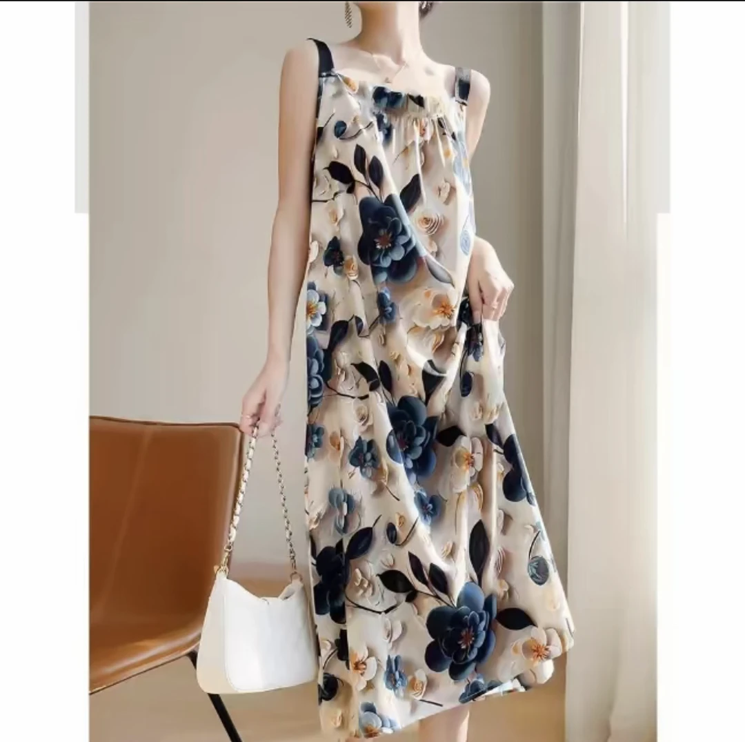 洋气减龄2025女法式轻奢长裙夏季速干网眼睡衣无袖气质时尚连衣裙