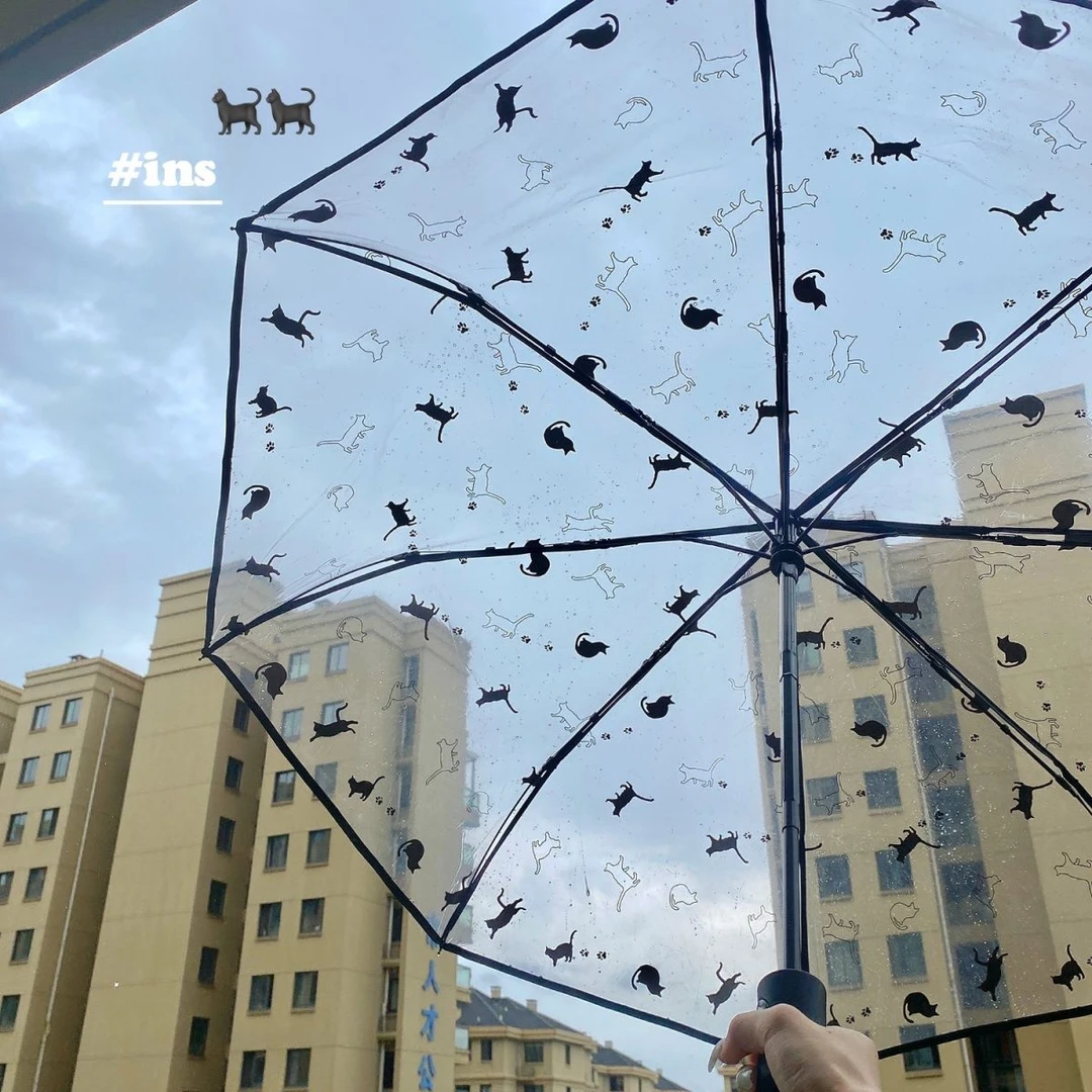日系猫咪物语!小清新文艺成人学生儿童自动轻量折叠可爱透明雨伞