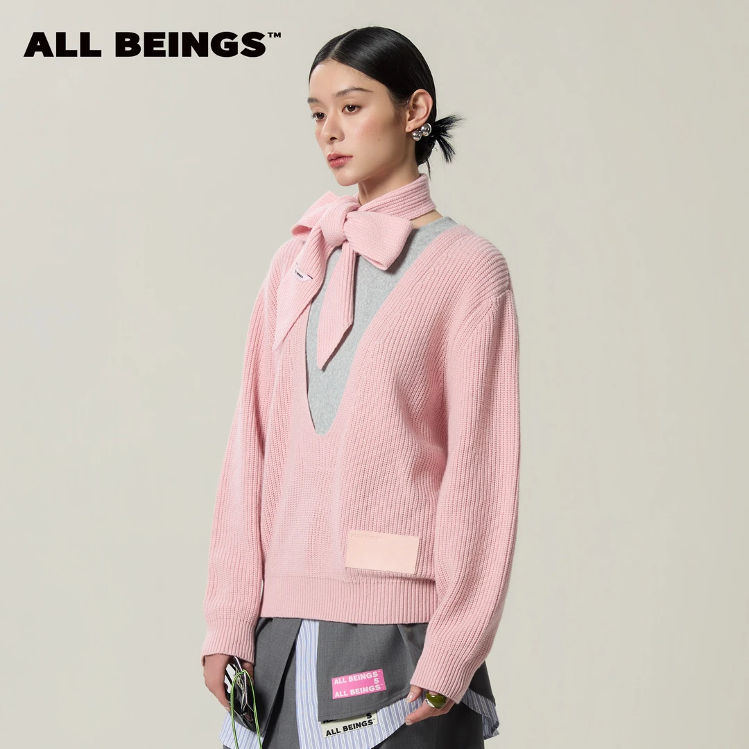 ALL BEINGS26SS设计师新款时尚粉色围巾假两件短款羊毛针织衫女