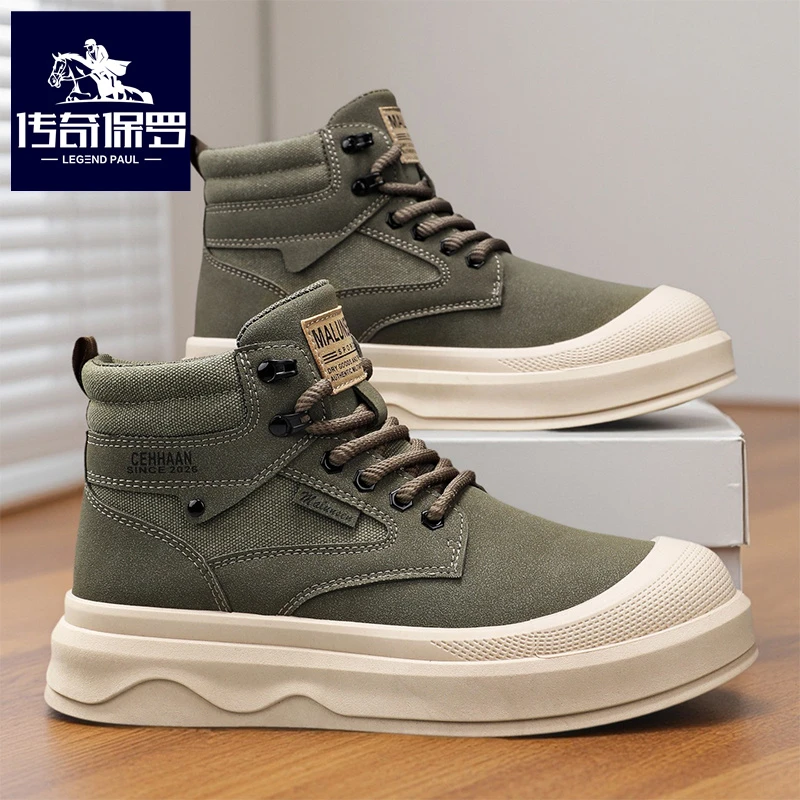 传奇保罗新款秋季马丁帆布鞋厚底隐形增高时尚工装男鞋耐磨潮鞋子