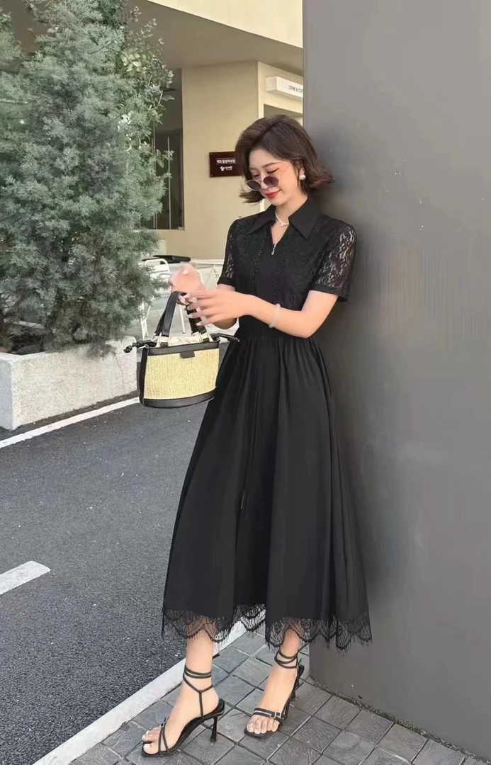 邹先森8977-29蕾丝拼接连衣裙夏季修身显瘦重工订珠半拉链