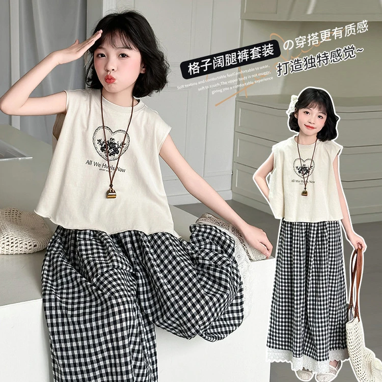 套装韩版夏季印花女童中大童休闲运动洋气女孩格子无袖时髦质感