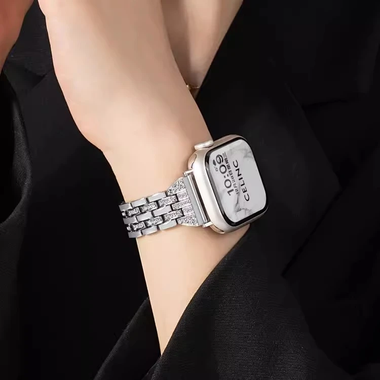 适用苹果watch s10表带iwatch9/8/7/6/SE/Ultra2闪钻五珠金属腕带