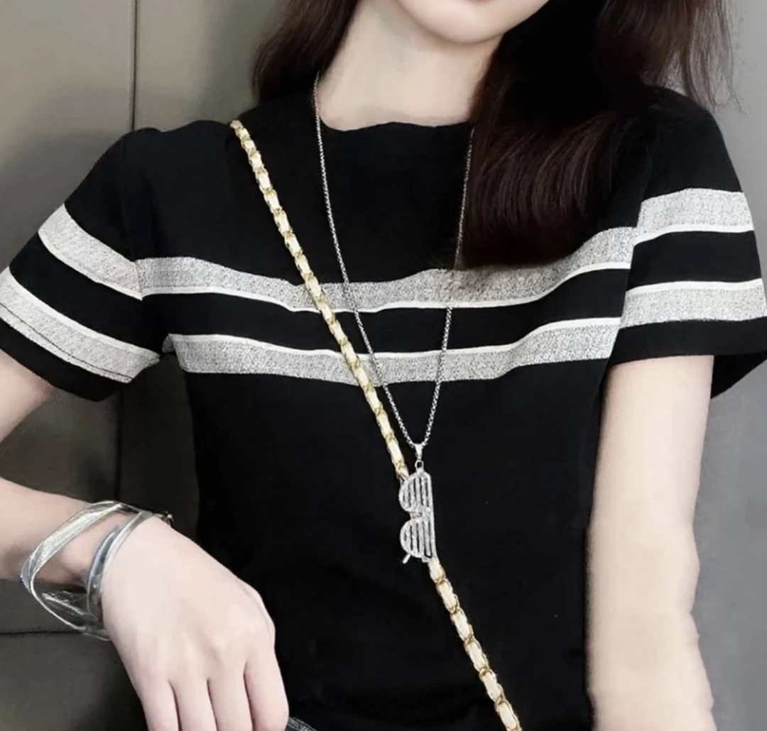 2025新款短袖 欧货复古条纹满印短袖T恤女修身显瘦上衣2023