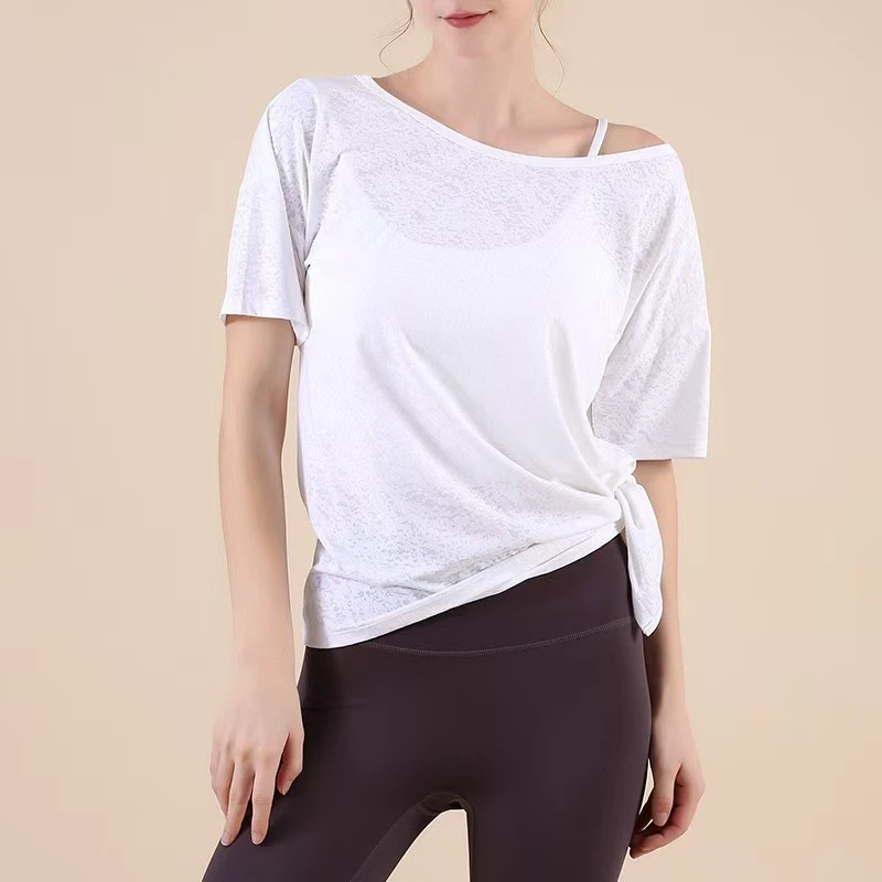 大码提花宽松透气罩衫健身训练瑜伽服运动上衣短袖-30029