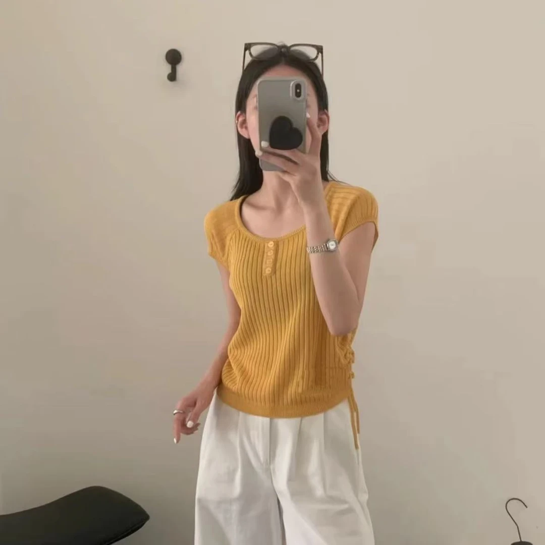 韩系显瘦侧边抽绳冰感短袖46788