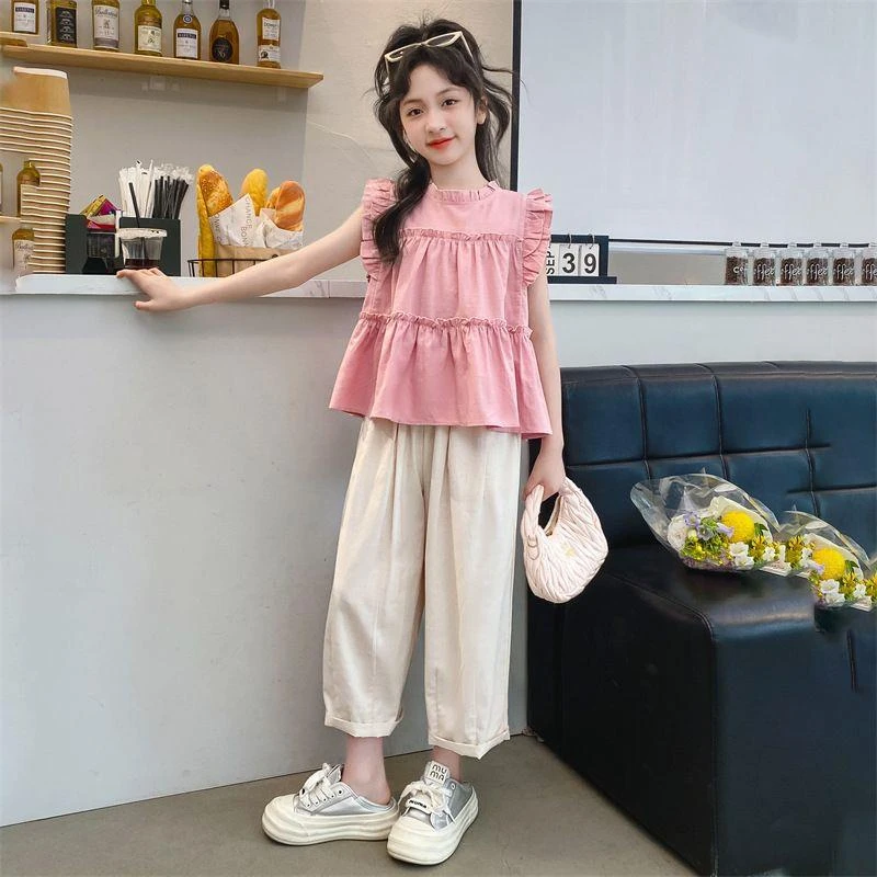 两件套女童夏季飞袖套装中大童小女孩时髦洋气夏款儿童韩版休闲夏