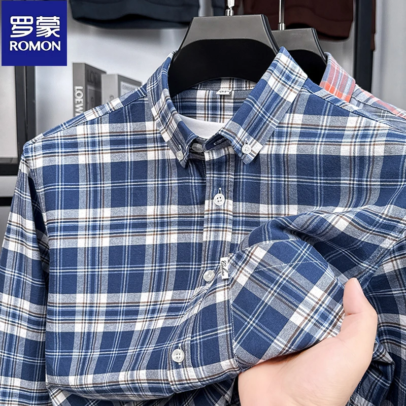 罗蒙纯棉真口袋长袖衬衫男士春秋季新款休闲时尚格子牛津纺衬衣男