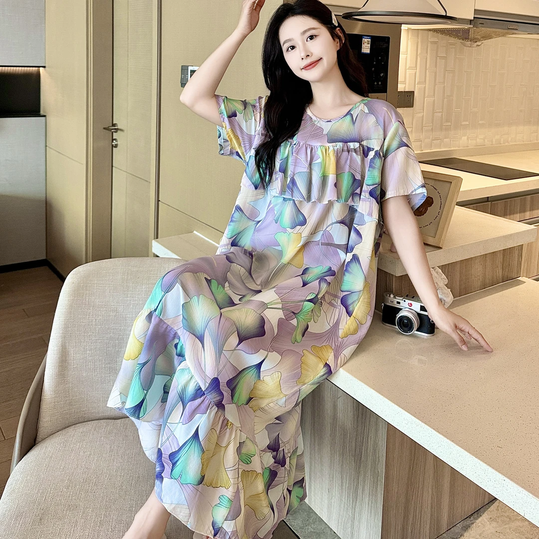 长款防凸点棉绸睡裙女夏短袖妈妈睡衣孕妇薄人造棉连衣裙大码胖MM