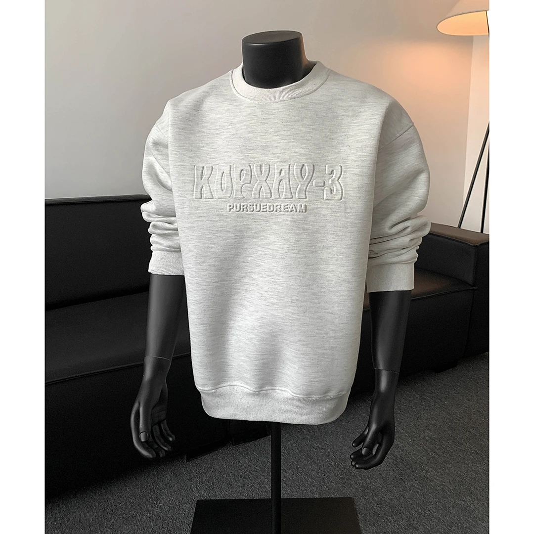 2025新款春秋免烫钢印长袖无帽男士卫衣圆领重磅美式港风宽松上衣