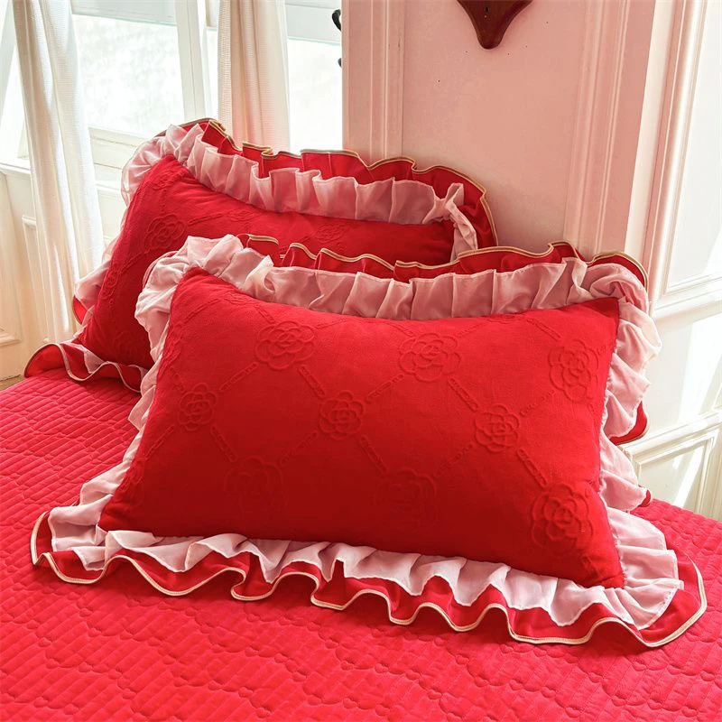 001-冬季公主风花边枕套荷叶边韩版棉花套枕刺绣冬季