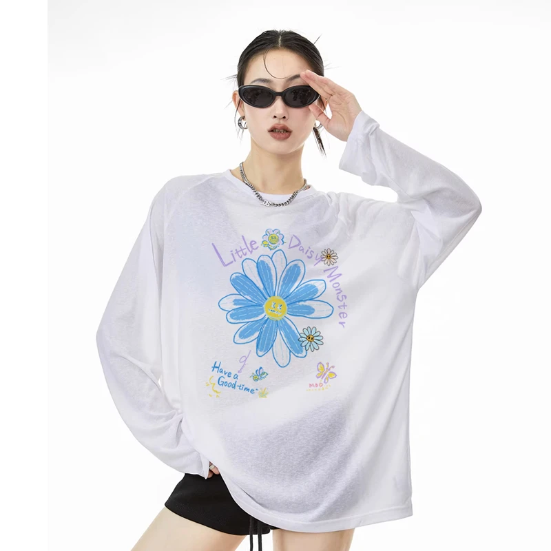 小恶魔雏菊美式薄款物理防晒罩衫女2025新款夏季宽松长袖T恤上衣